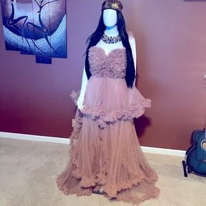 Long ruffled tulle dress with corset lace up back. 2 ruffled shoulder straps